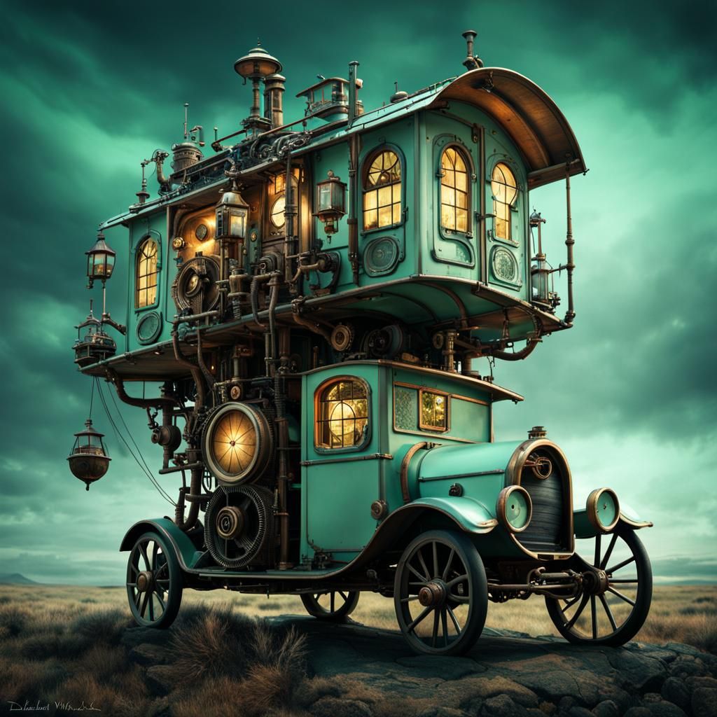 Steampunk take on a Model T and as a mobile home.
