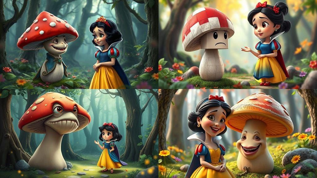 Whimsical Mushroom Character Meets Snow White in 3D