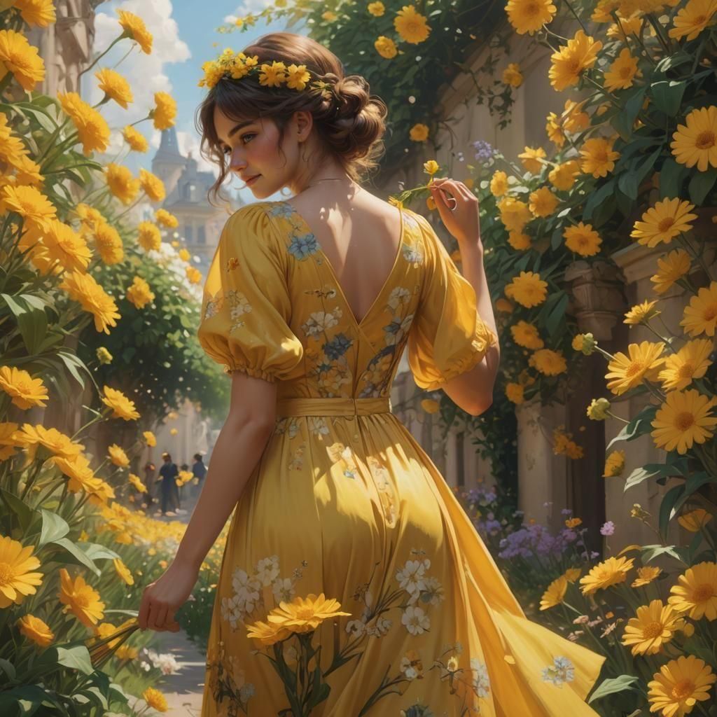 Woman in Yellow Dress Picking Flowers