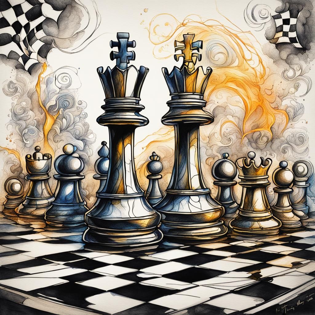 Chess Queen's Spirit: Luminous Ink and Watercolor