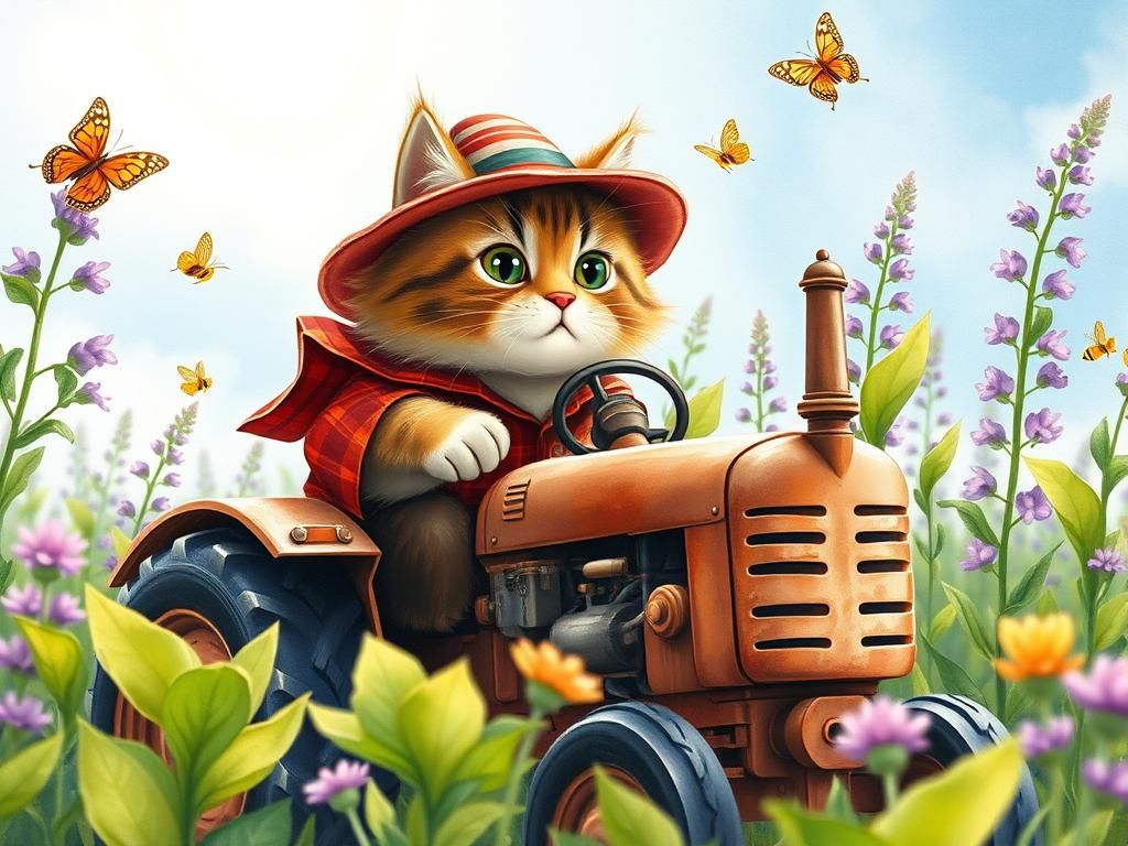 Harvest Cat: Whimsical Scene in Watercolor Style