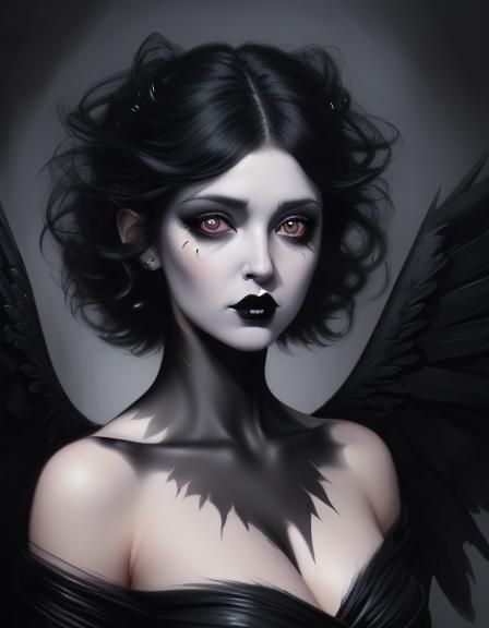 Angel with Wings Woman with black lips,black shadow eyes,bla...