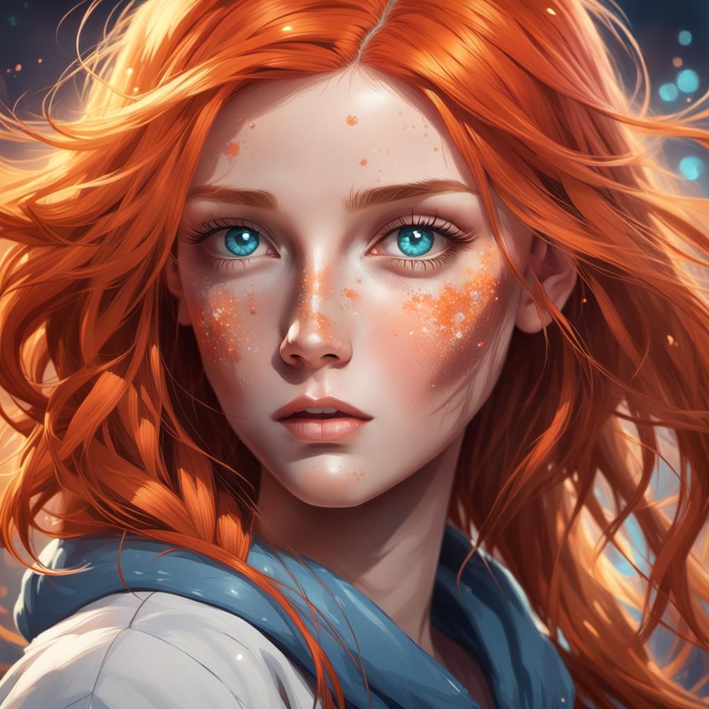 Beautiful Woman with Orange Hair in Anime Style