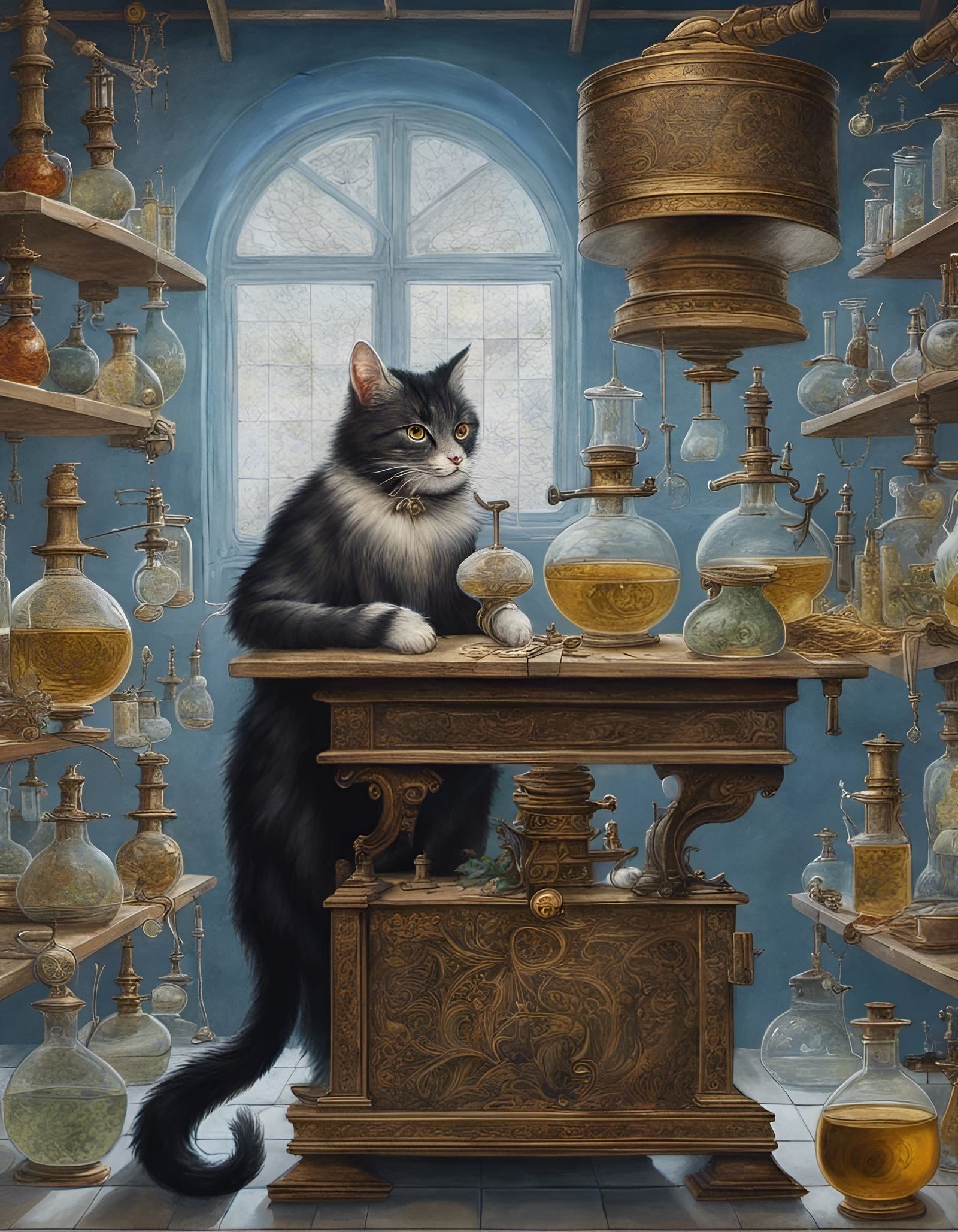 Alchemist cat in its laboratory.