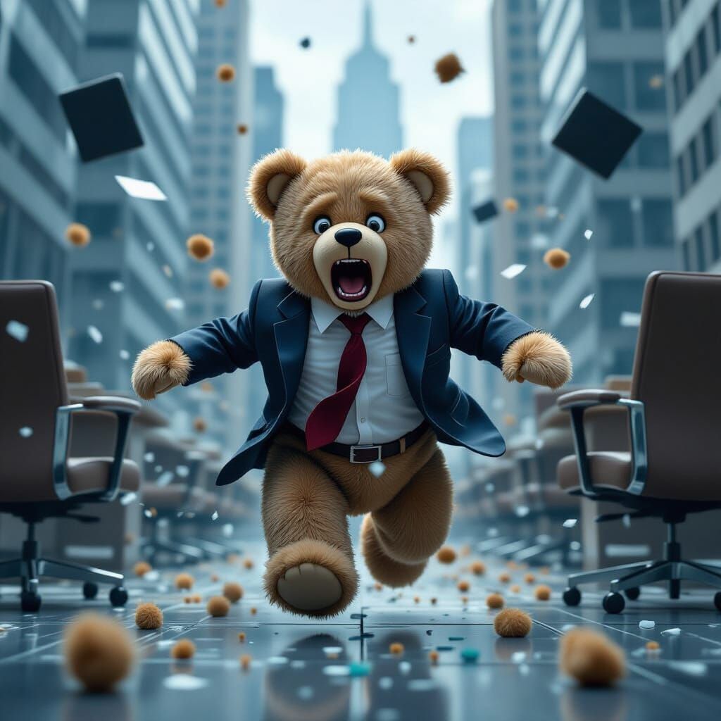 Terrified Teddy Bear in Office Disaster, Photorealistic Styl...