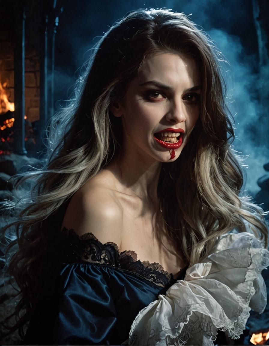 Vampire Fangs Gleam in Campfire Light: Cinematic Still