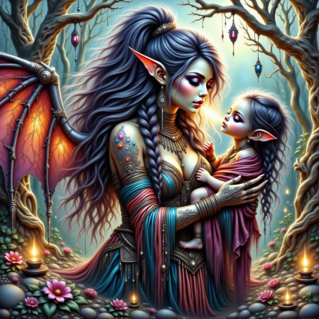 Majestic Drow Orc Mother Cradles Newborn in Golden Glow