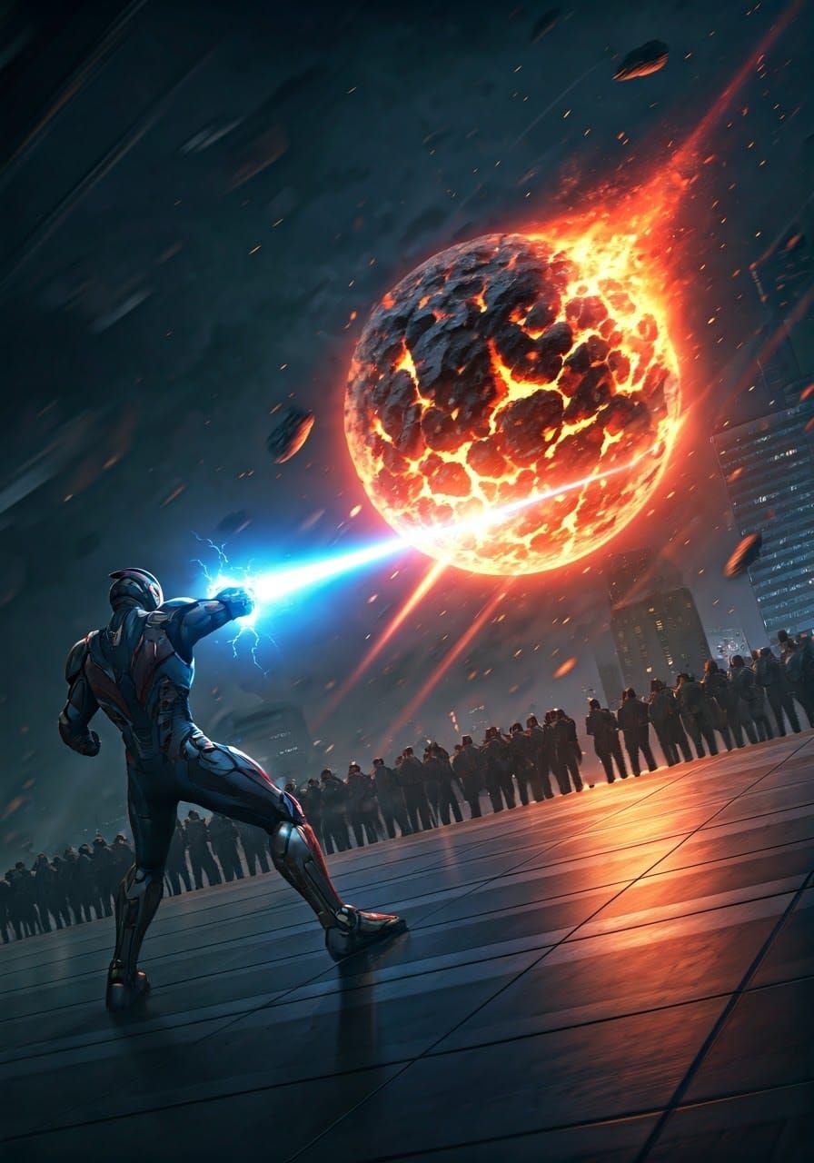 Heroic Armored Figure Blasts Flaming Meteor