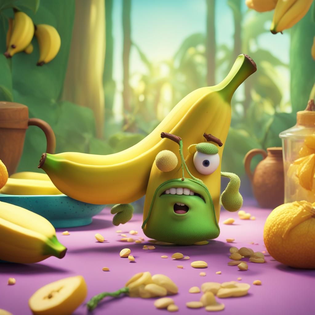 Sick Banana Character in Pixar-Style 3D Art