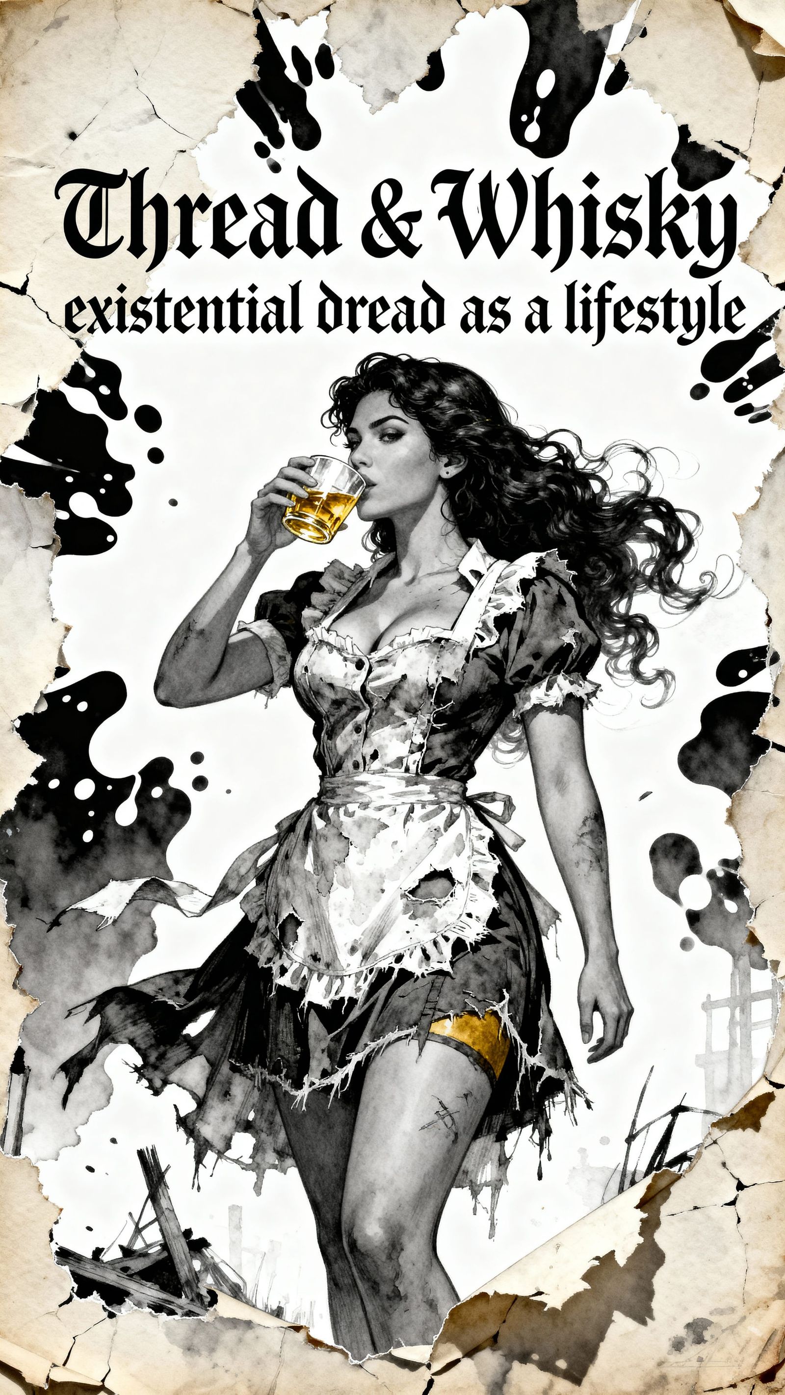 Latina Woman in Vintage Maid Uniform with Whisky