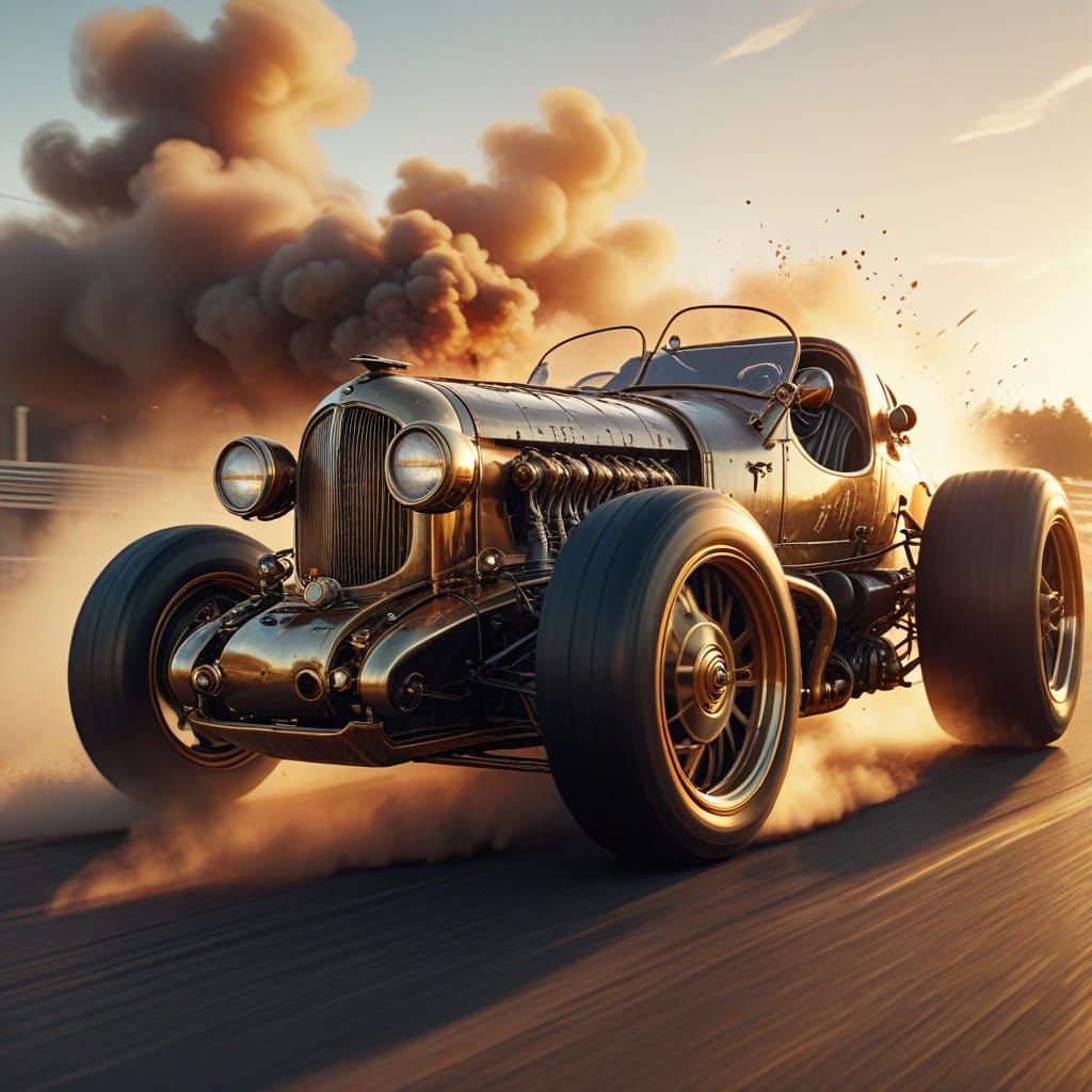 Steampunk Racing Car Speeds on Track at Golden Hour