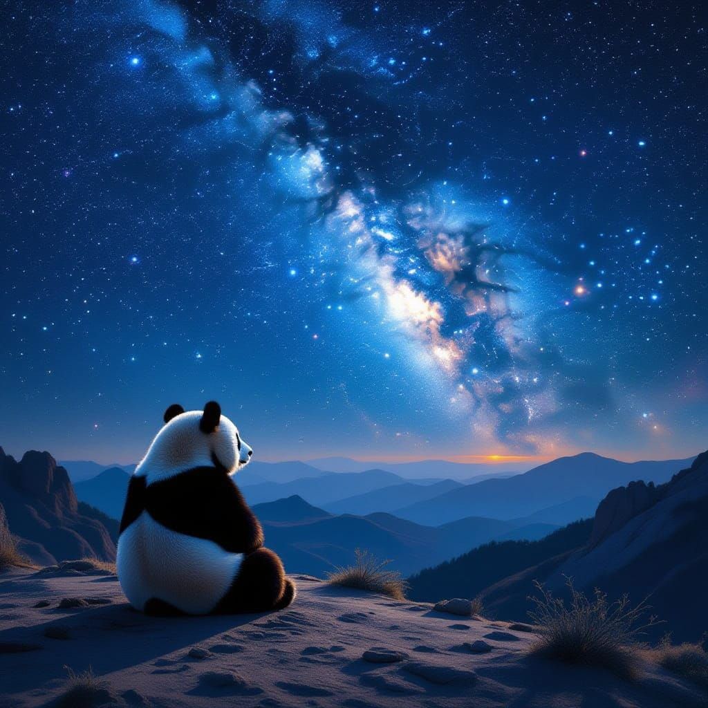 Panda Contemplates Starry Sky on Dusty Mesa