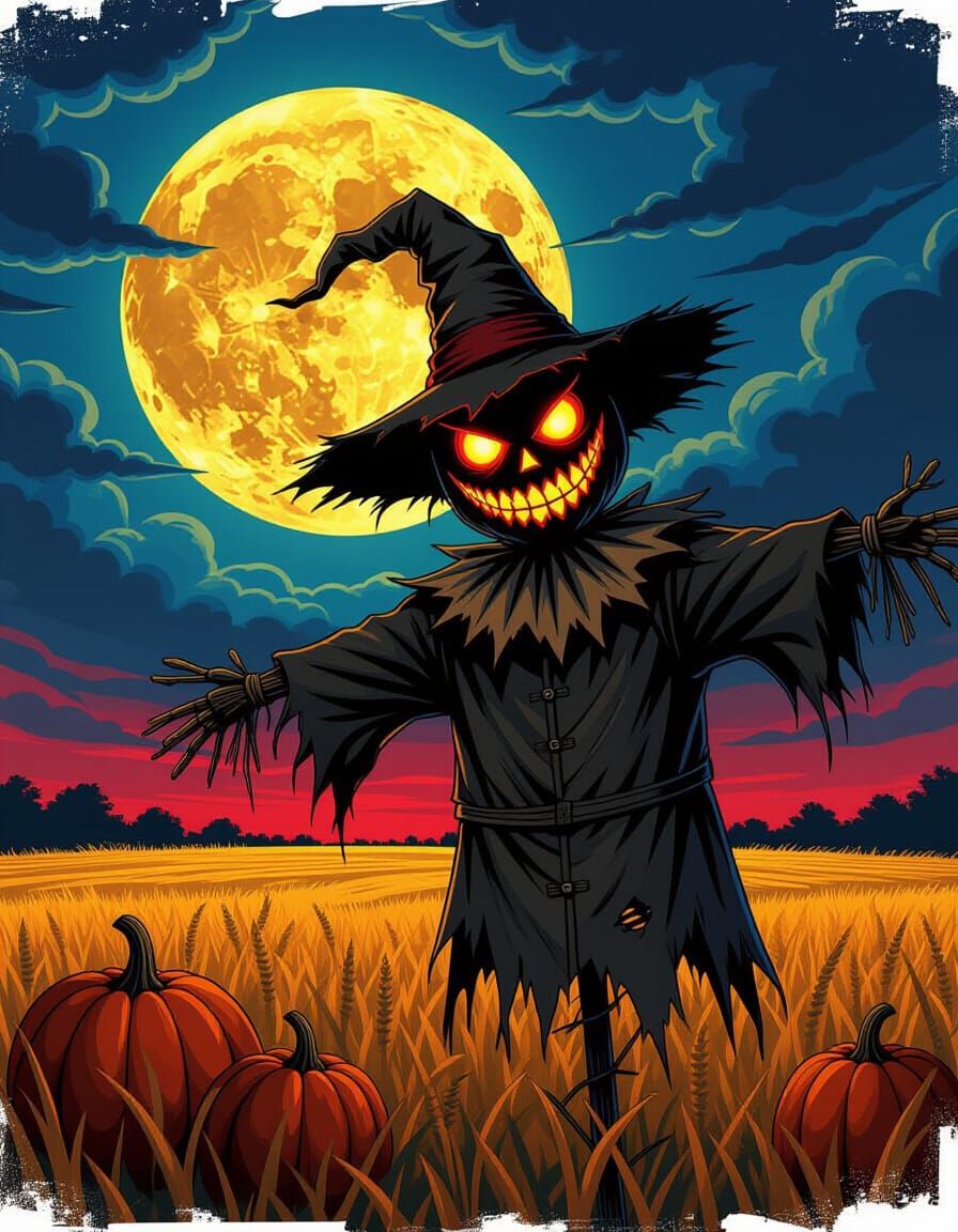 Evil Scarecrow Grinning Over Haunted Harvest Night