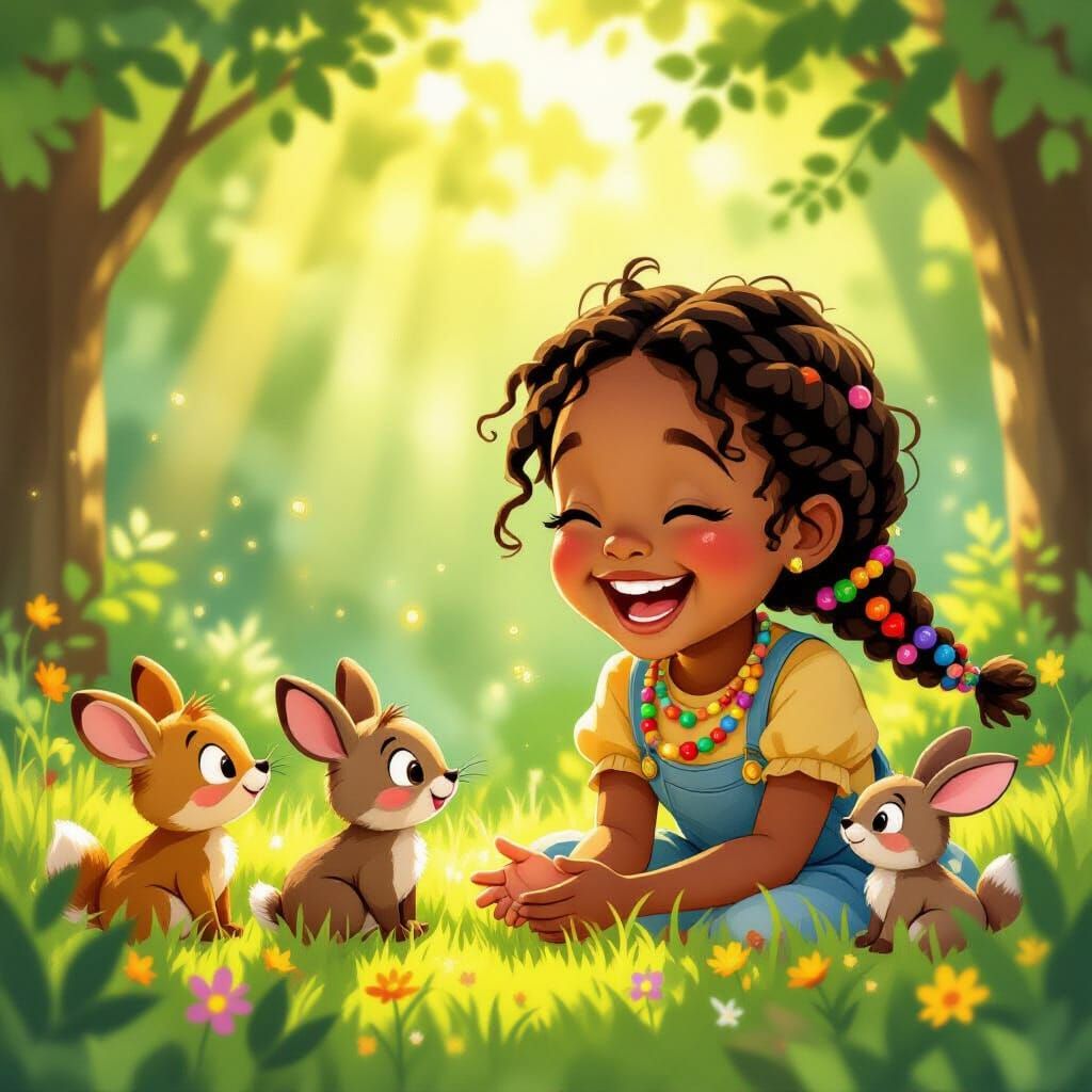 Young Black Girl Laughing With Woodland Animals in Storybook...