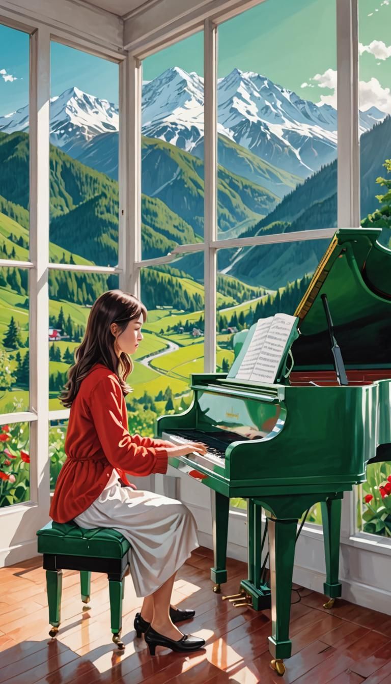 Girl at Red and White Piano with Mountain View