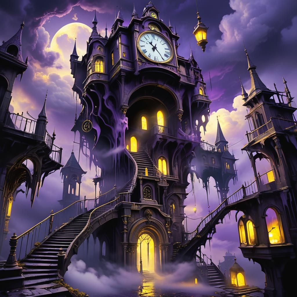 Surreal Dark Fantasy Landscape with Floating Staircases