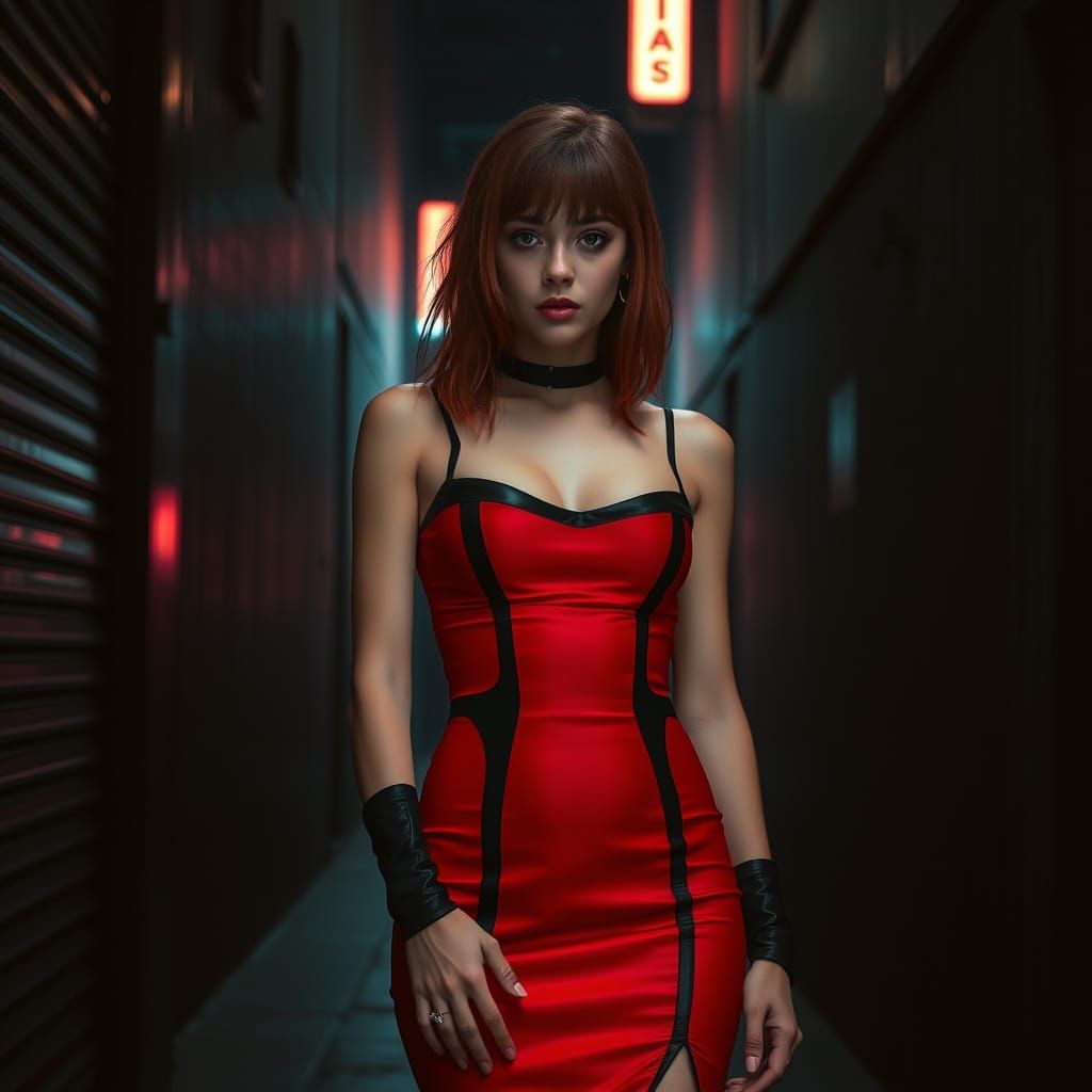 Cyberpunk Woman in Red Dress with Neon Lights