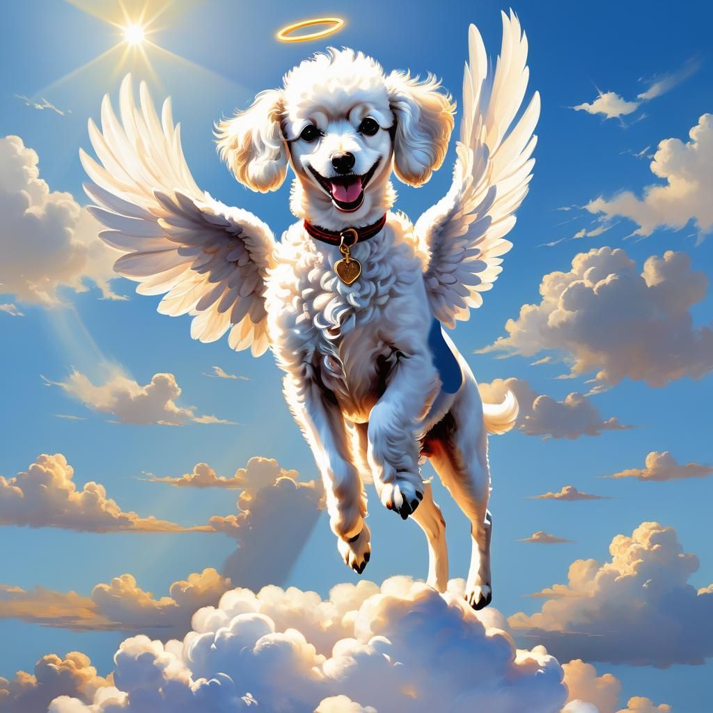 Smiling Poodle with Angel Wings on Cloud