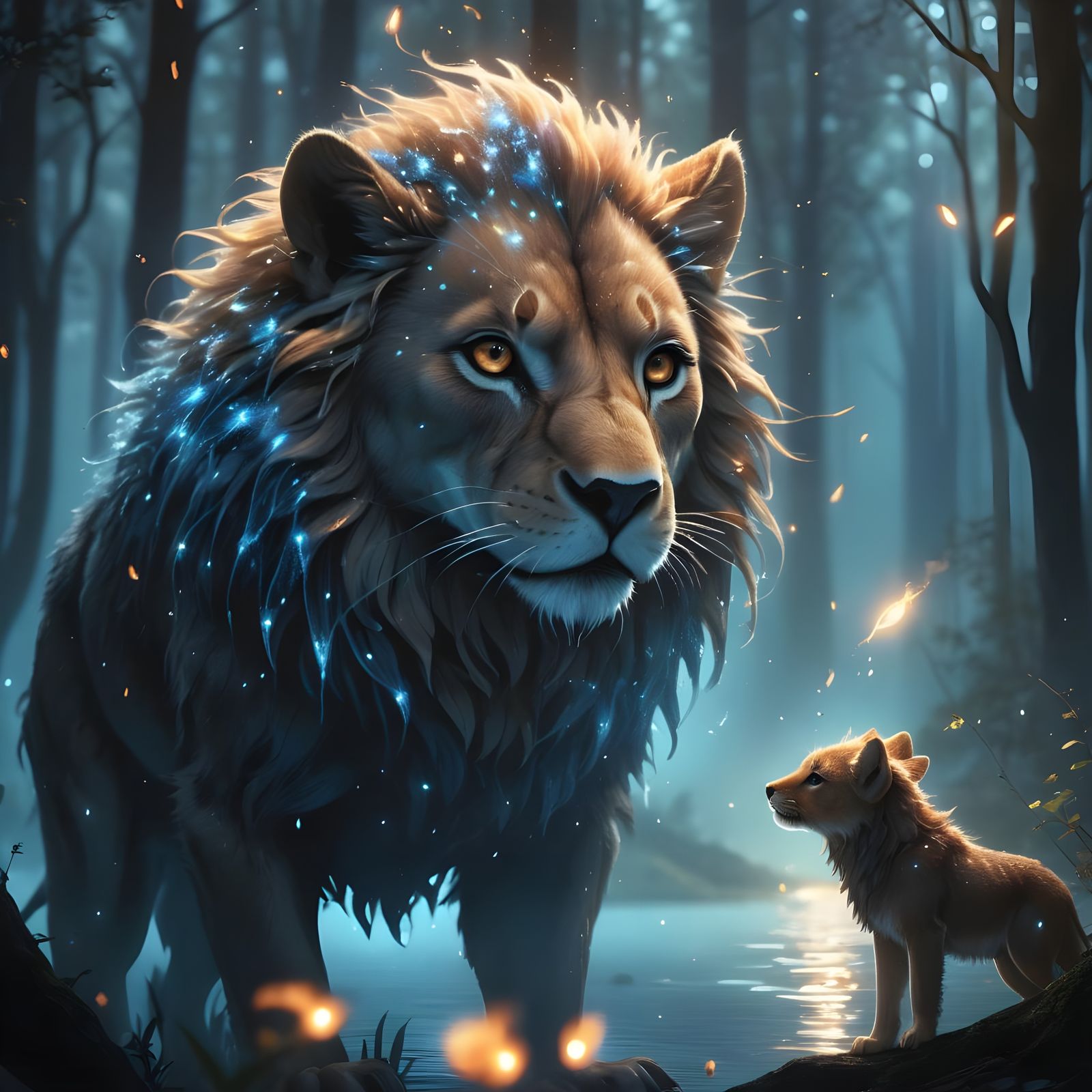 Lion Creates Wolf Silhouette with Fire and Water