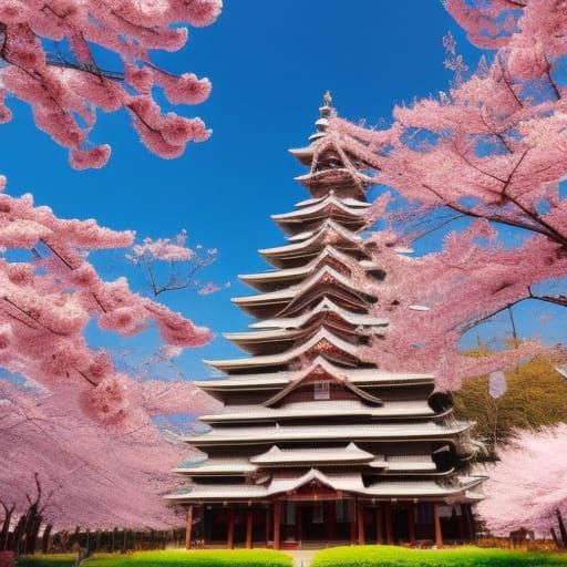 Anime Temple with Sakura Trees and Moon