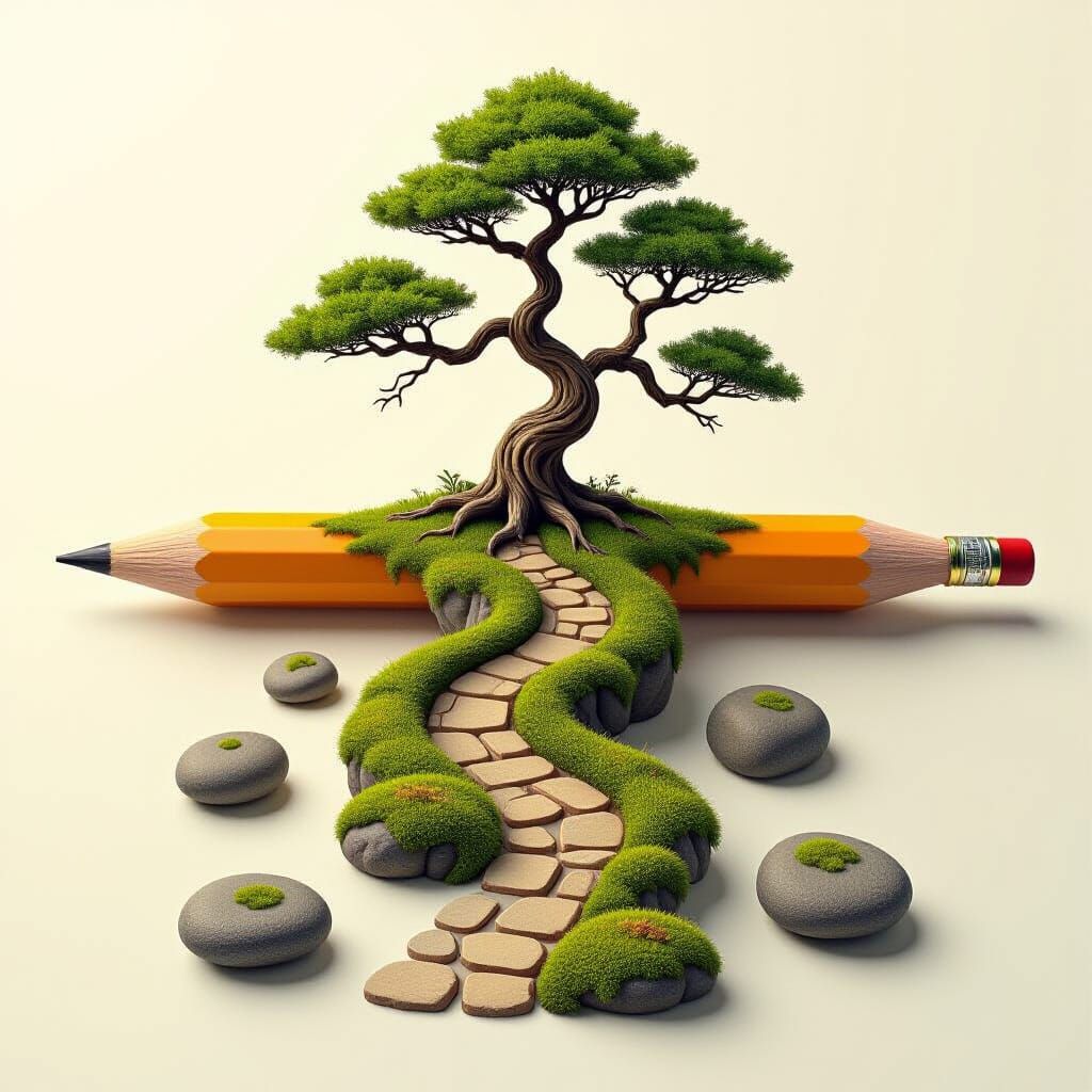 Surreal Split Pencil Path With Ancient Tree