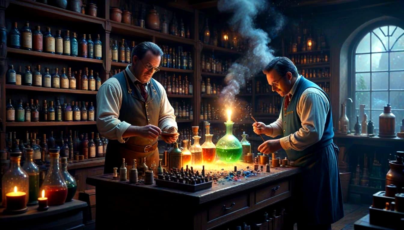 Magical Alchemist Prepares Potions in Ethereal Shop