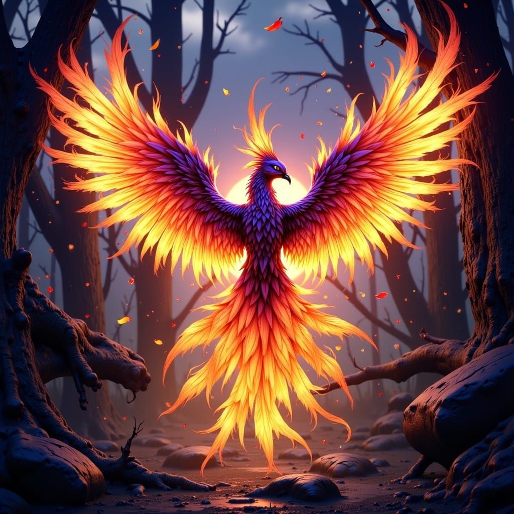 Majestic Firebird in Dark Fantasy Realm