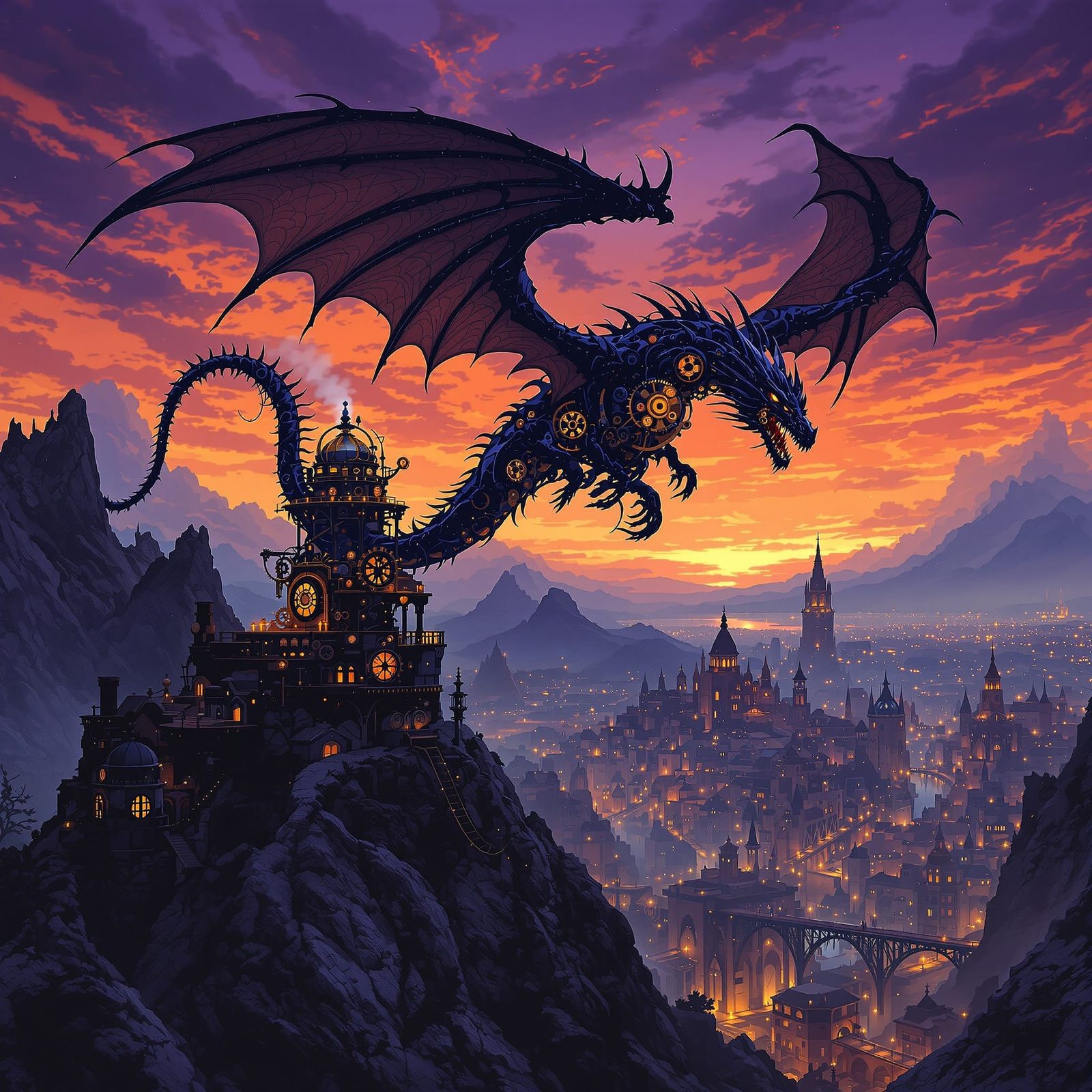 Clockwork Dragon Soaring Over Steampunk City