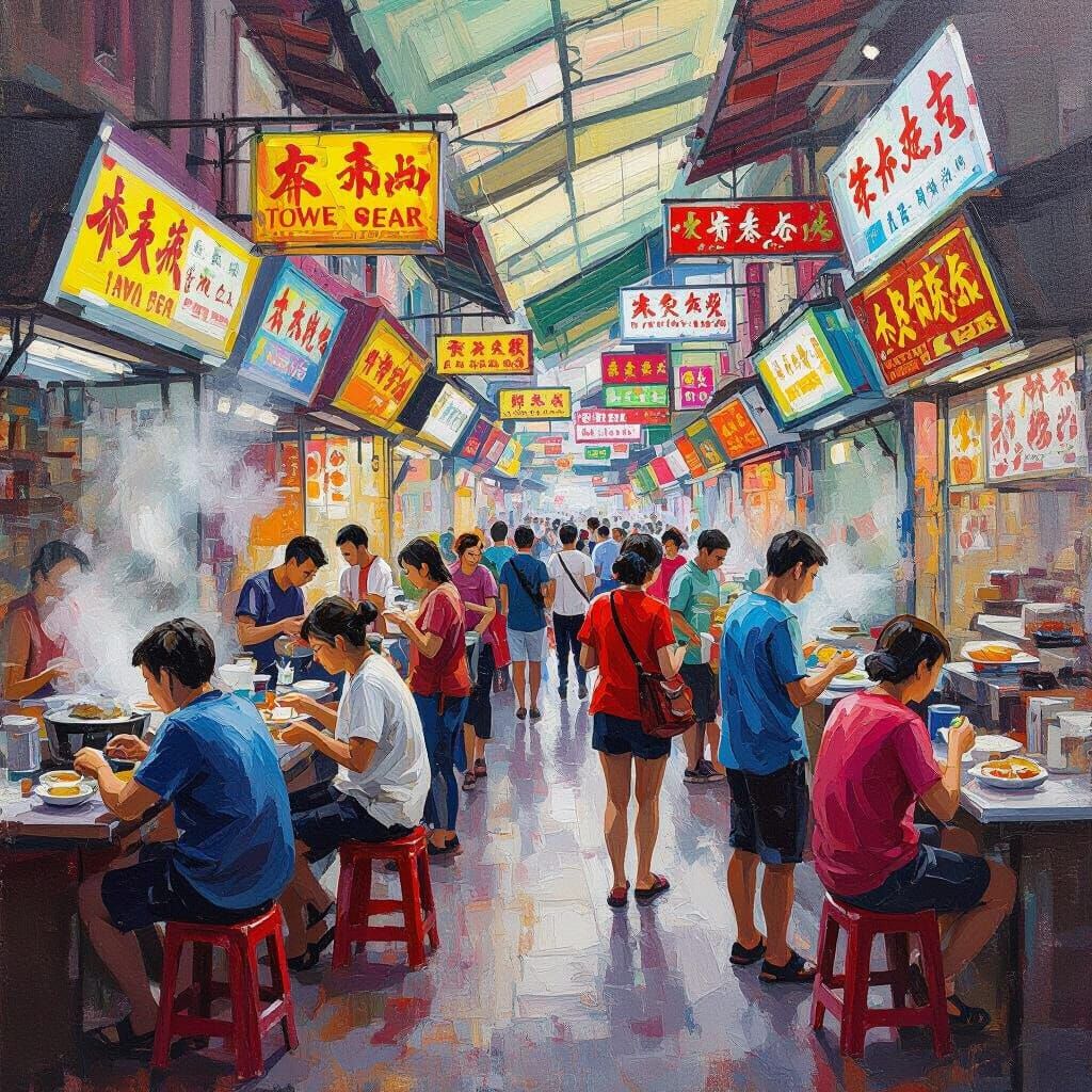 Singapore Hawker Centre in Impressionist Style