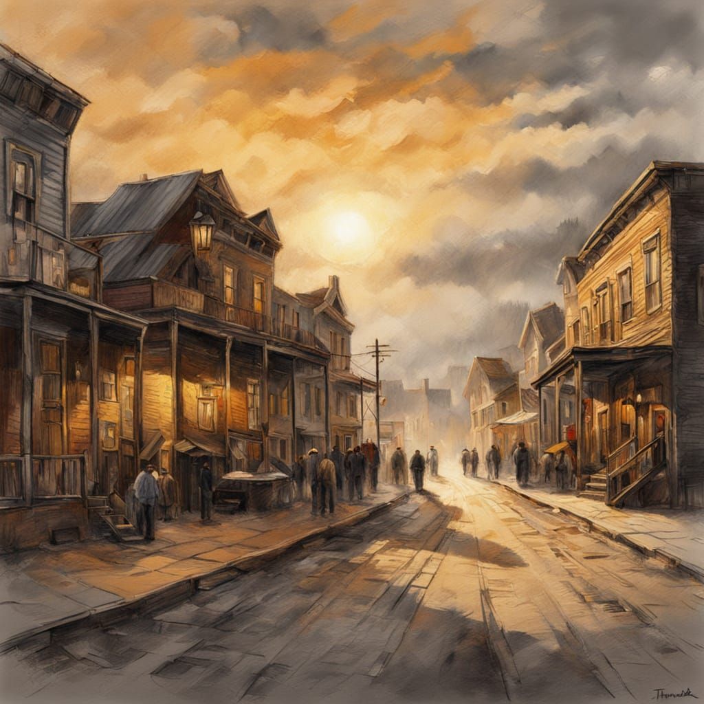 Old West Town in Charcoal Drawing Style
