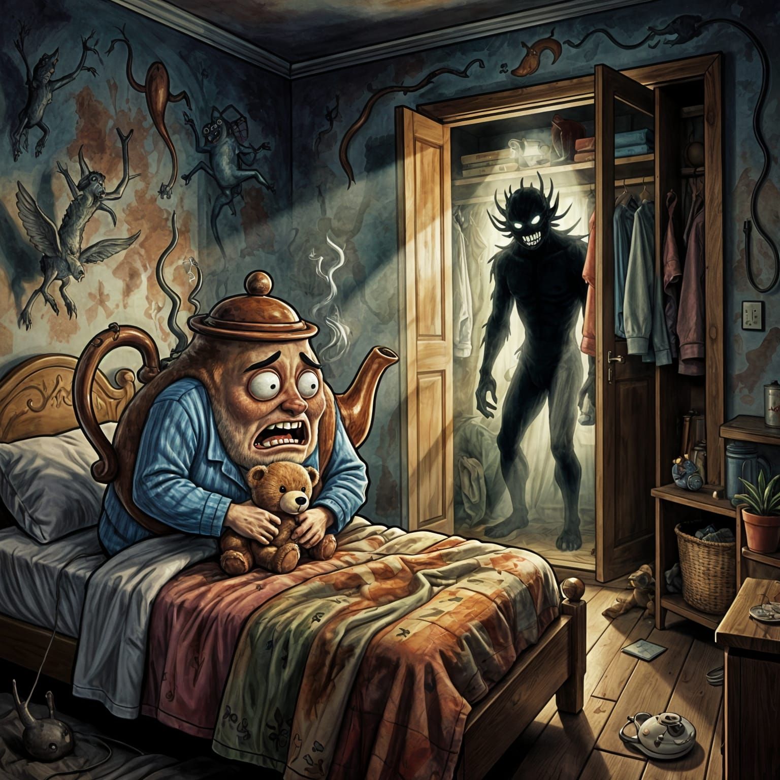 A teapot is terrified by a monster in his closet.  He wearing pajamas in bed
bedroom, hugging a teddybear