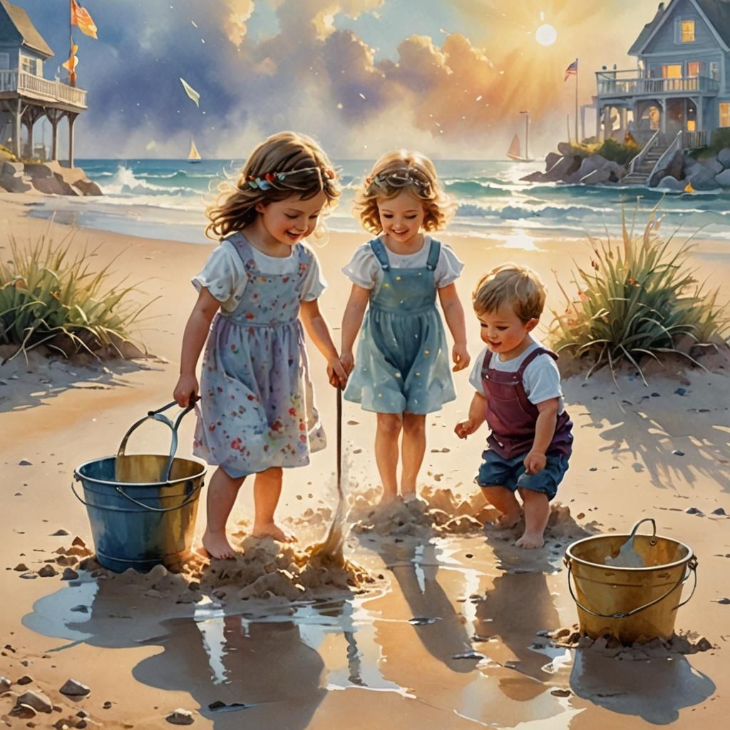 Toddler Siblings Play on Beach in Watercolor Style