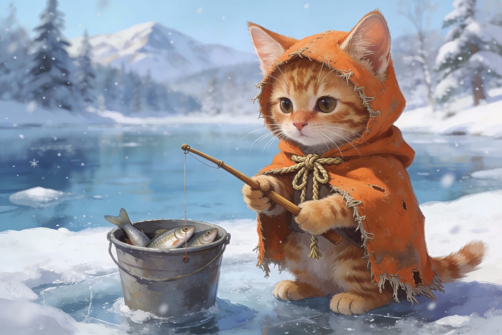 Ginger Kitten Ice Fishing in Snowy Wonderland
