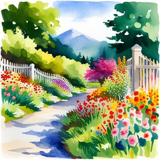 Watercolor Garden Landscape with Flowers