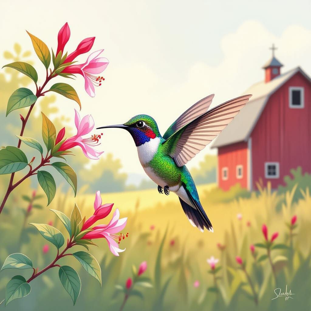 Hummingbird-Dragon Hybrid in Watercolor Near Honeysuckle