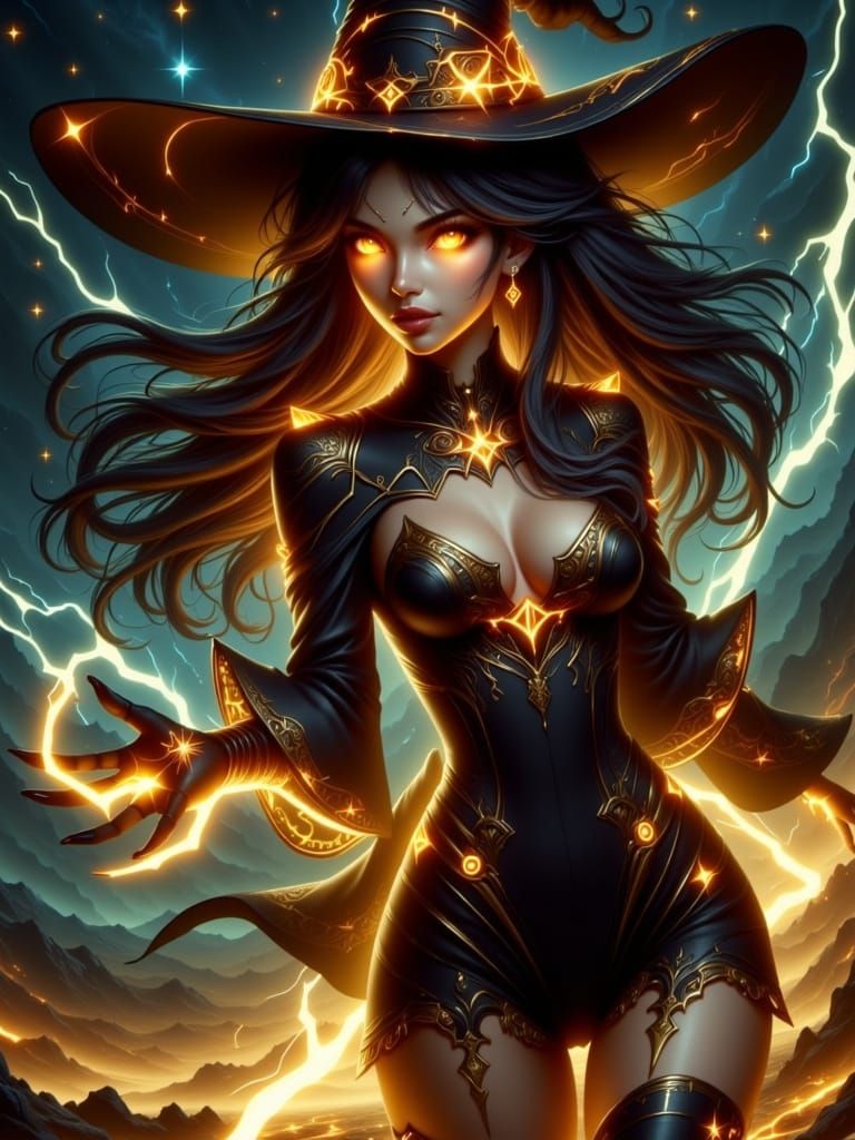 Enchanting Witch with Cosmic Aura and Starlit Eyes