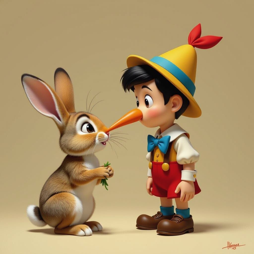 Fantastical Rabbit Nibbles Pinocchio's Nose in Detailed Matt...