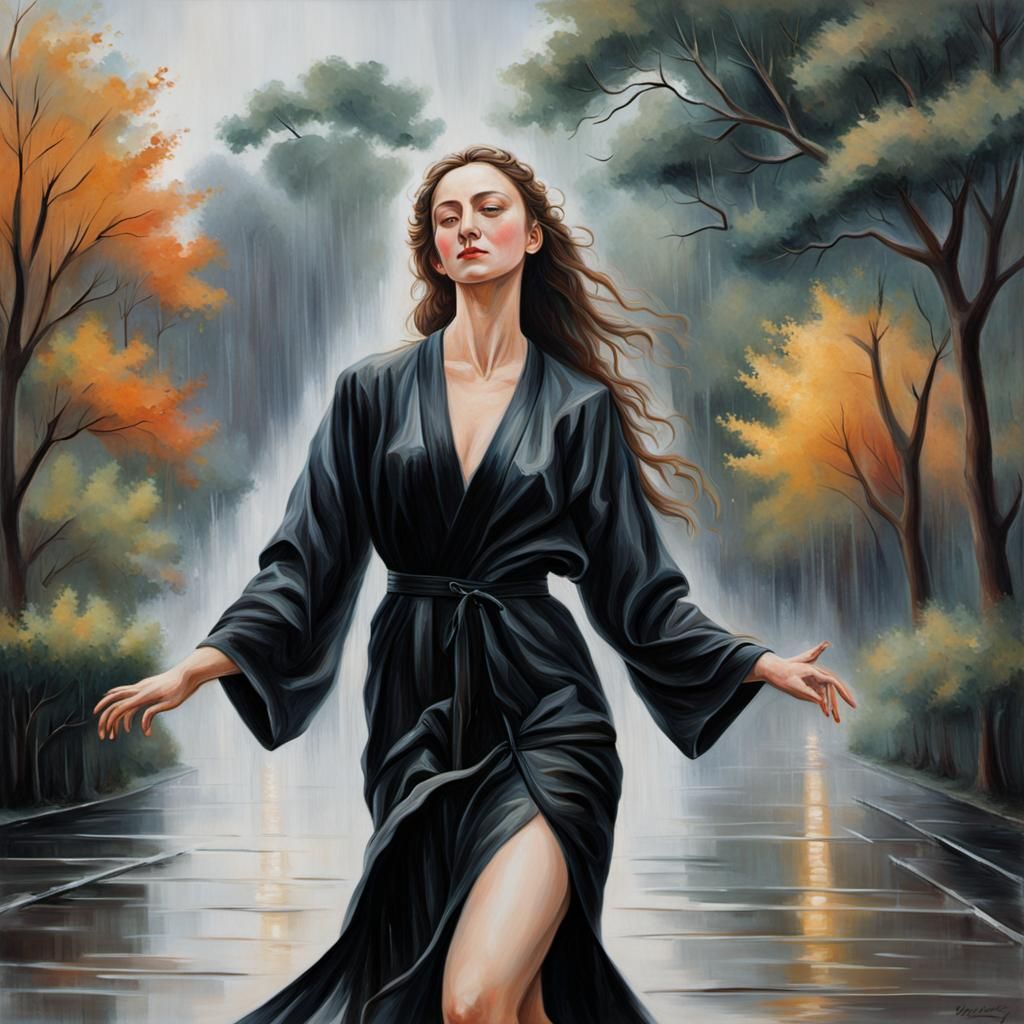 Young Woman Dancing in the Rain, Realistic Painting