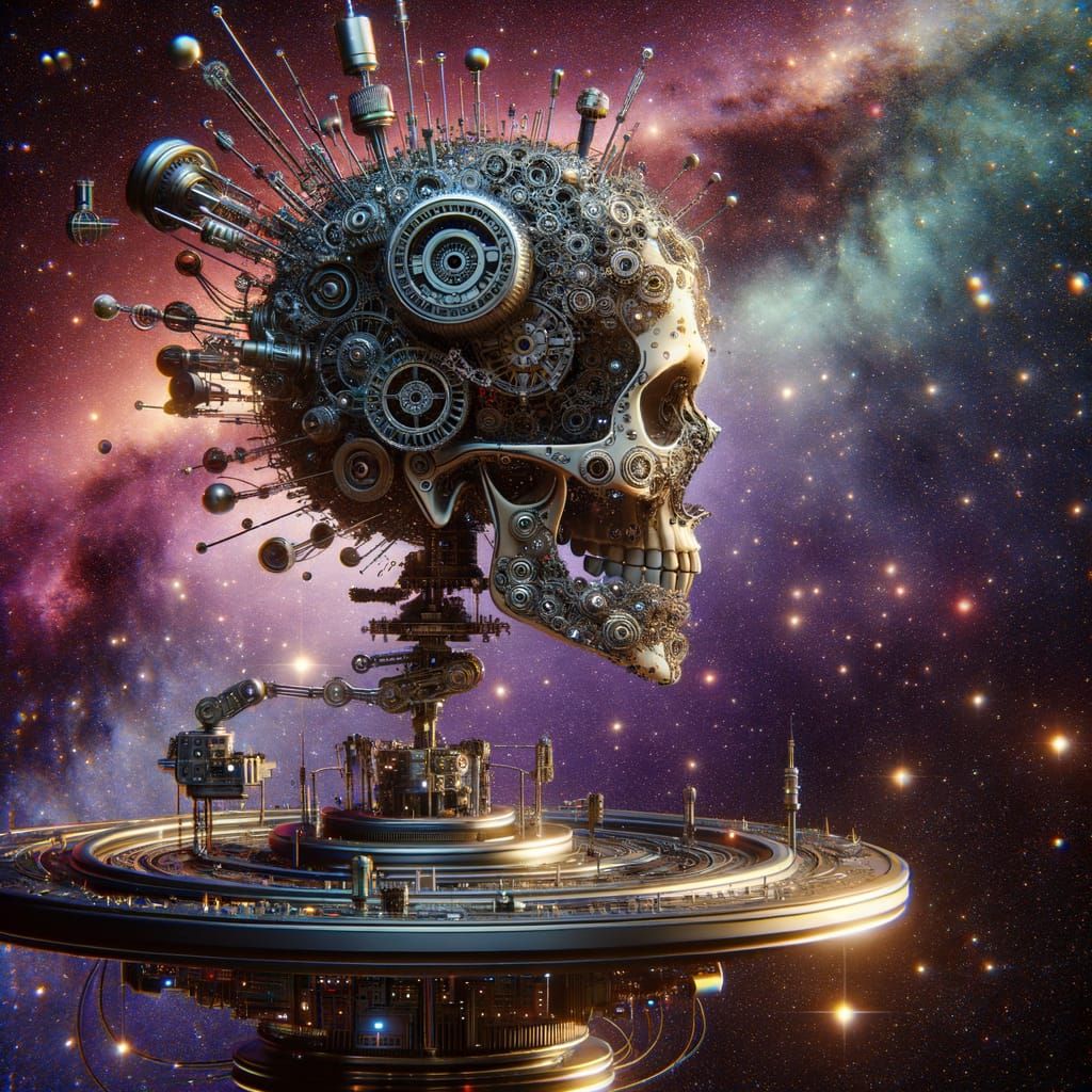 Mechanical Skull Repairs Spaceship in Cosmic Scene