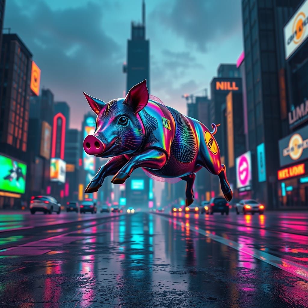 Cyberpunk Cityscape with Iridescent Pig in Mid-Leap