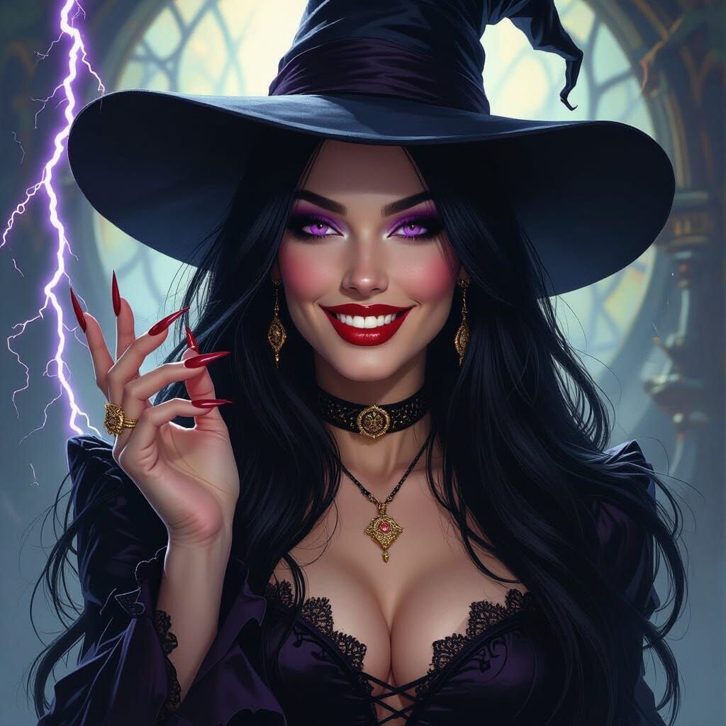 Witch Beckons in Dark Void with Lightning