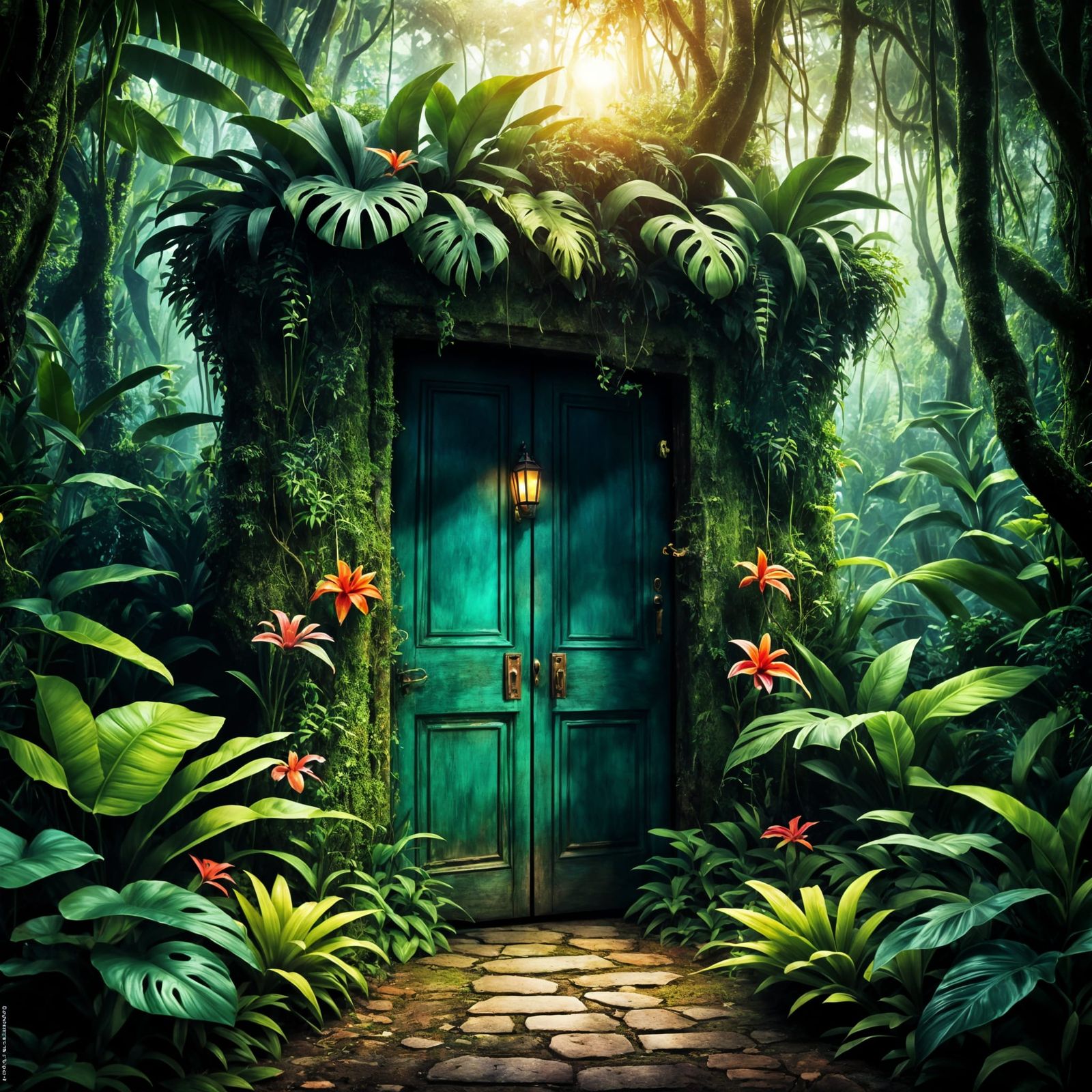 Mysterious Glowing Door in Lush Jungle