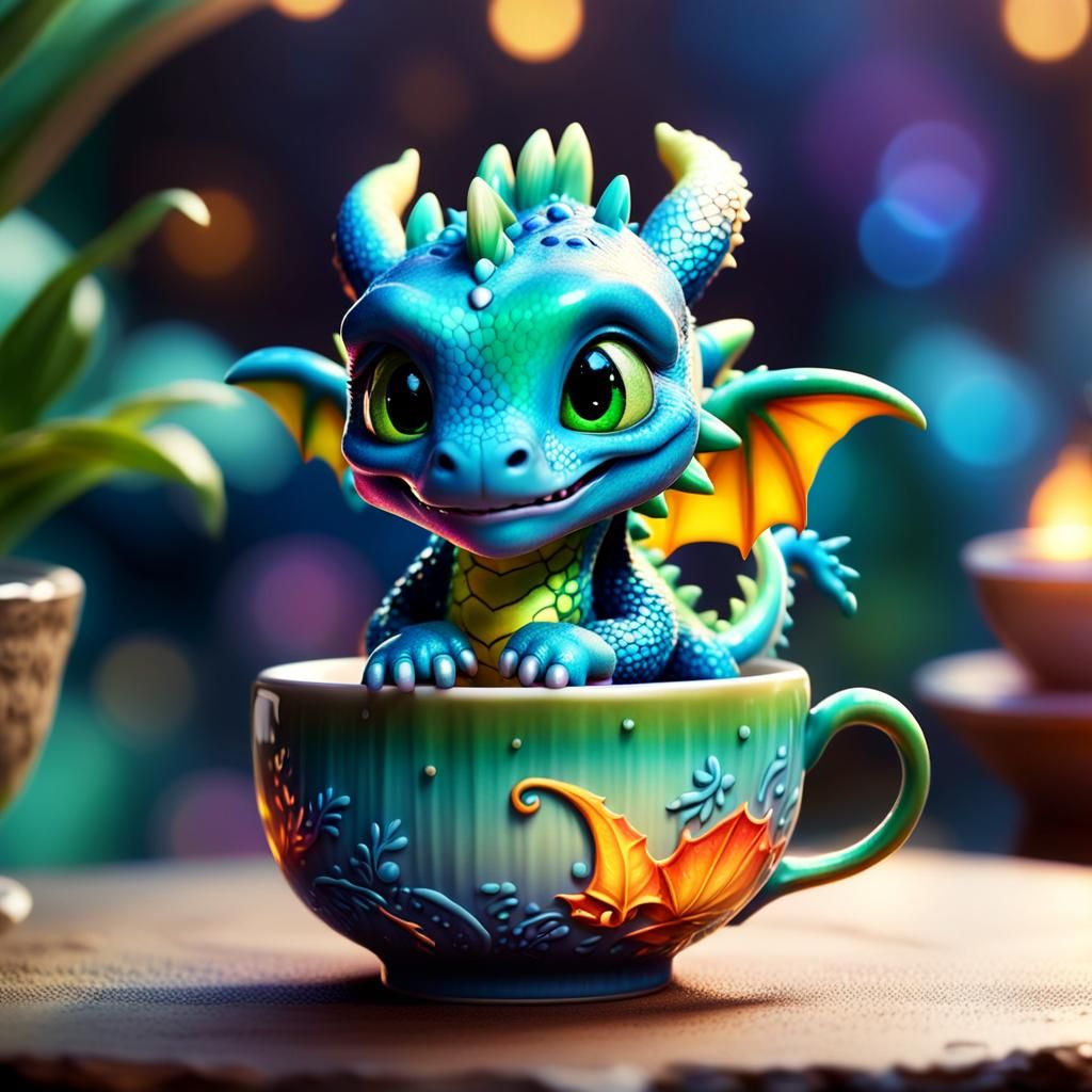Cute Dragon in Teacup: Pixar-Style 3D Art