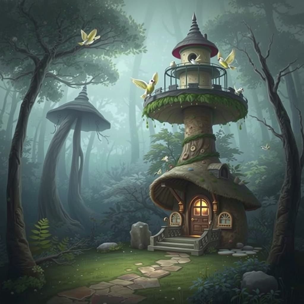 Mushroom Birdhouse in Enchanted Forest: Matte Painting