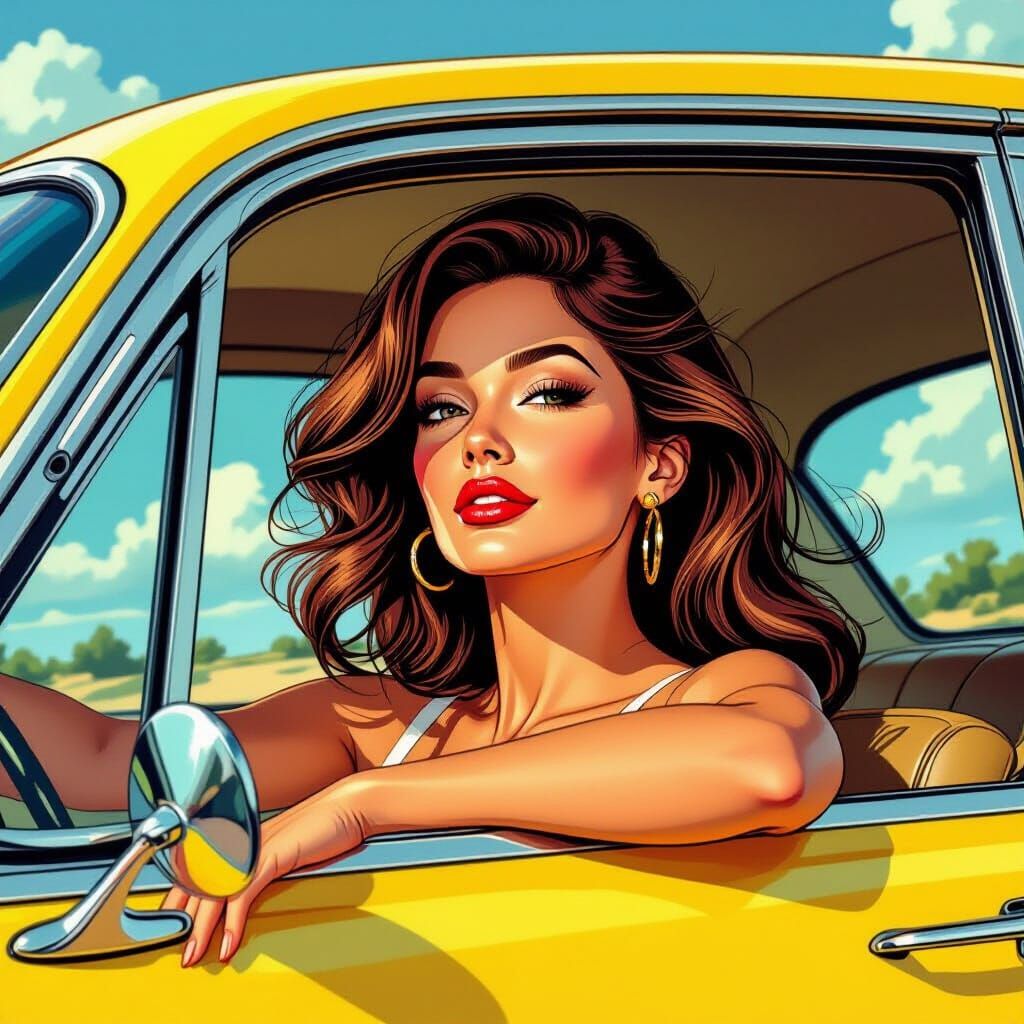 Stylish Woman Enjoys Windy Drive in Hyperrealistic Comic Sty...