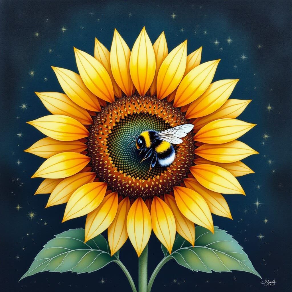Ethereal Encaustic Sunflower with Bumblebee in Dark Fantasy ...