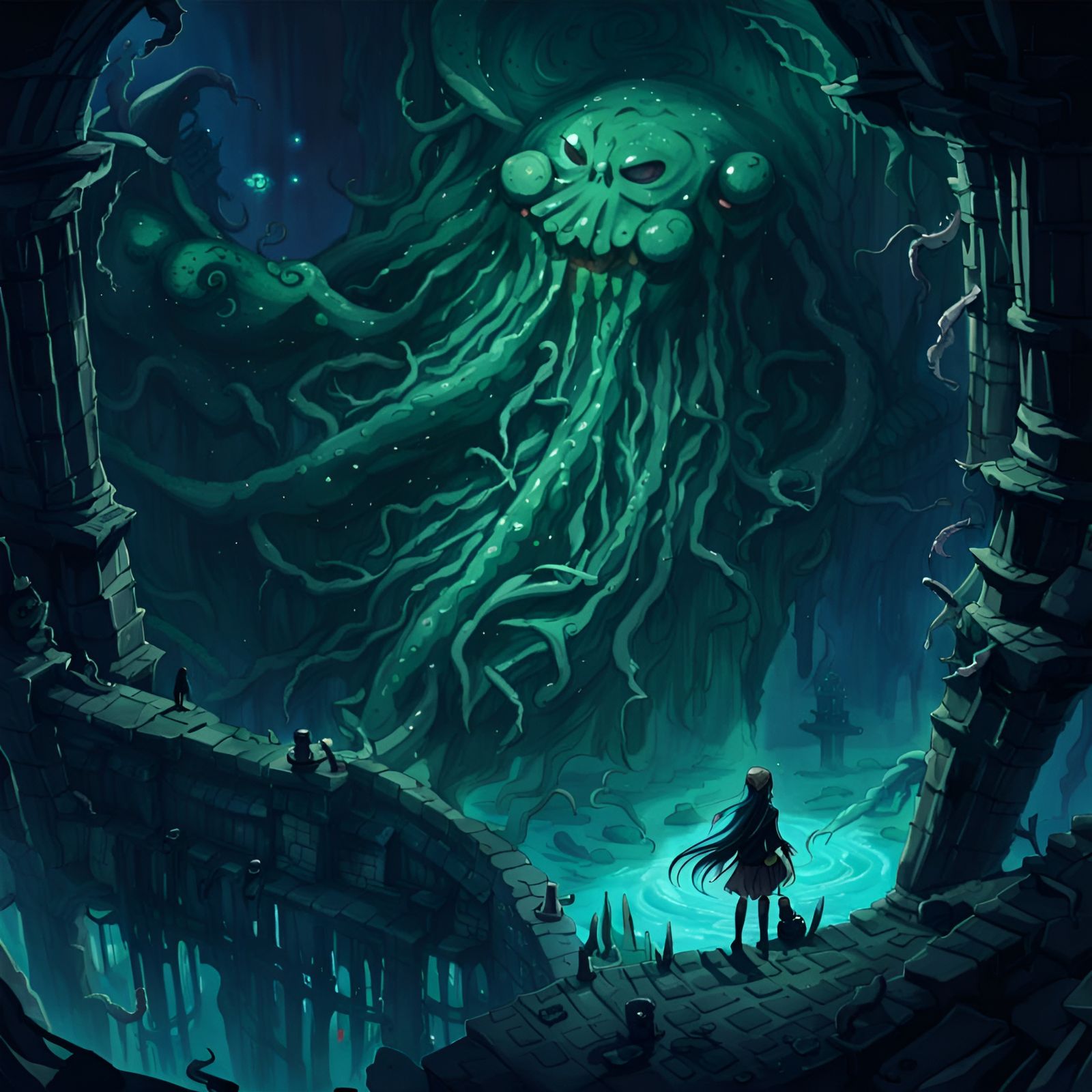Haunted Cthulhu Hideout in Anime Art Style