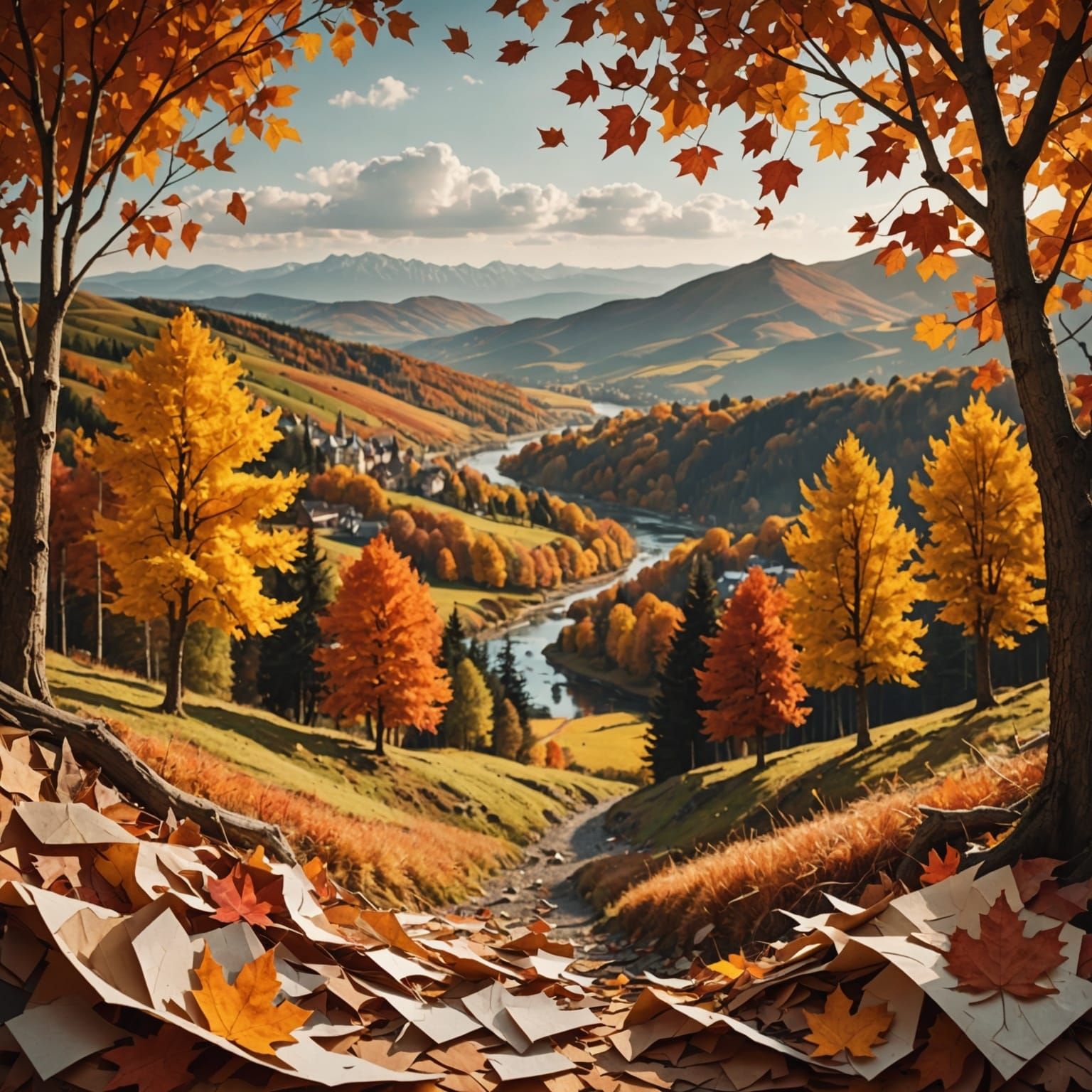 Autumn Collage Landscape in Hyperrealistic Style