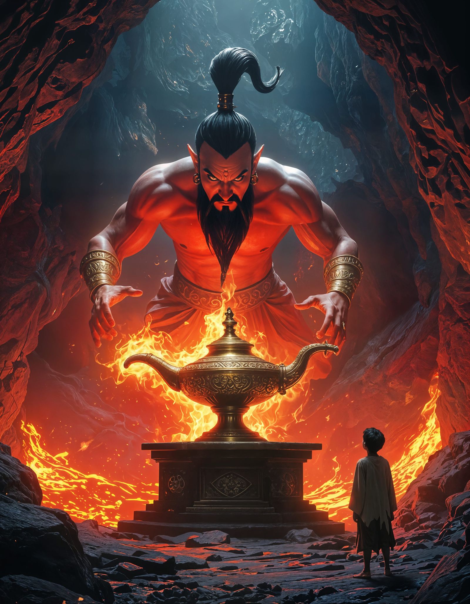 Hyper-Detailed Fire Genie in Dark Cave