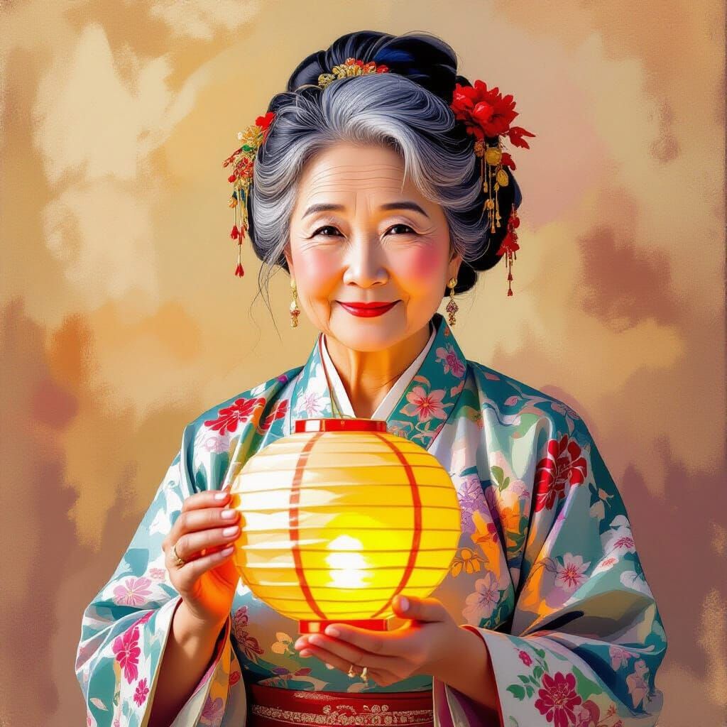 Chinese Granny with Lantern in Impressionist Style